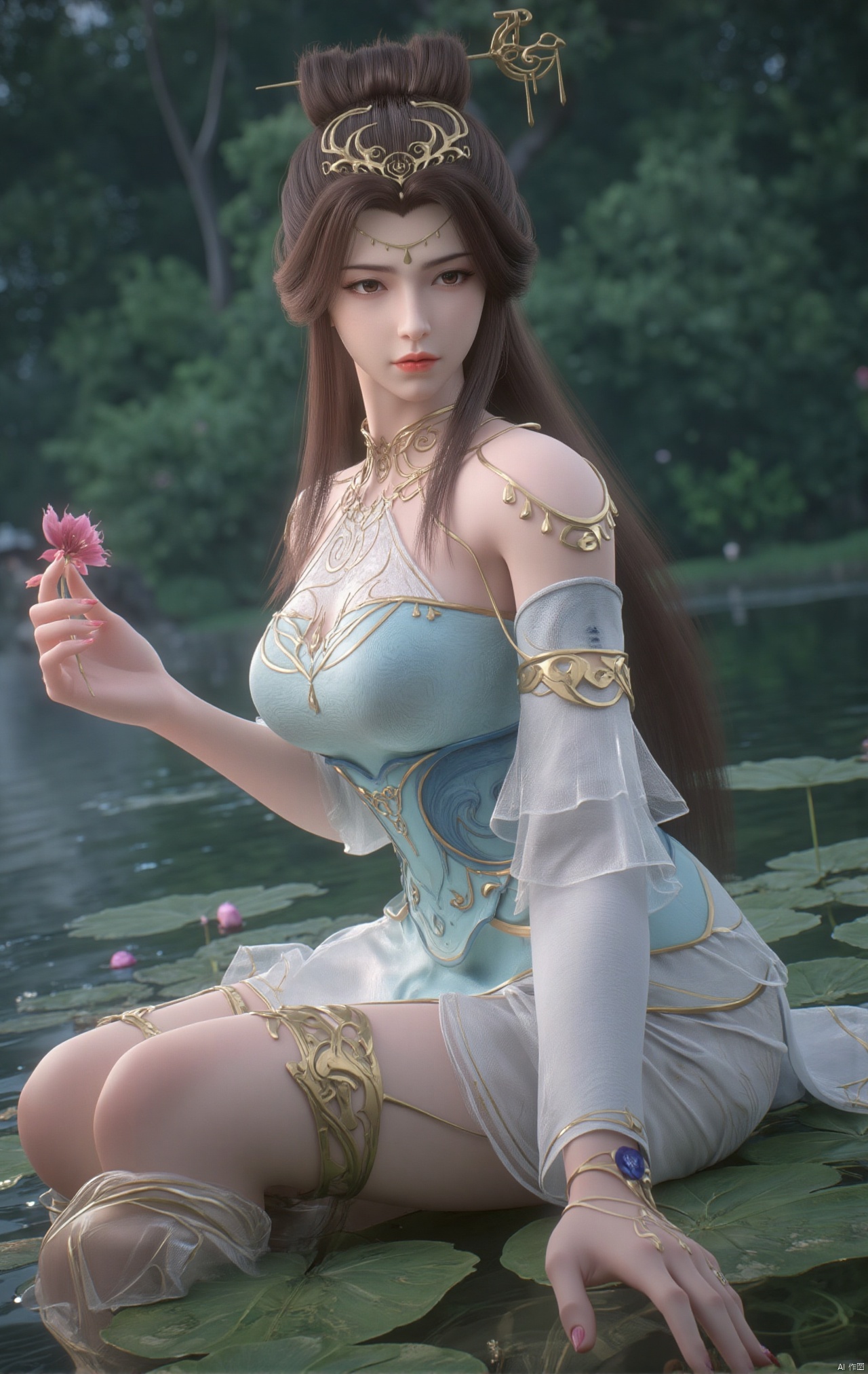  masterpiece,1girl,black hair,(Sitting by the lotus pond in the garden:1.3),(short dress:1.39),black eyes,beautiful face,short sleeves,holding flower,looking at viewer,(huge breasts:2.79),(full breasts:1.99),Xzhaoliner,Xyaoxi,Xsulingyun,XyunluoX,Xhenrendadi,Xlannuo