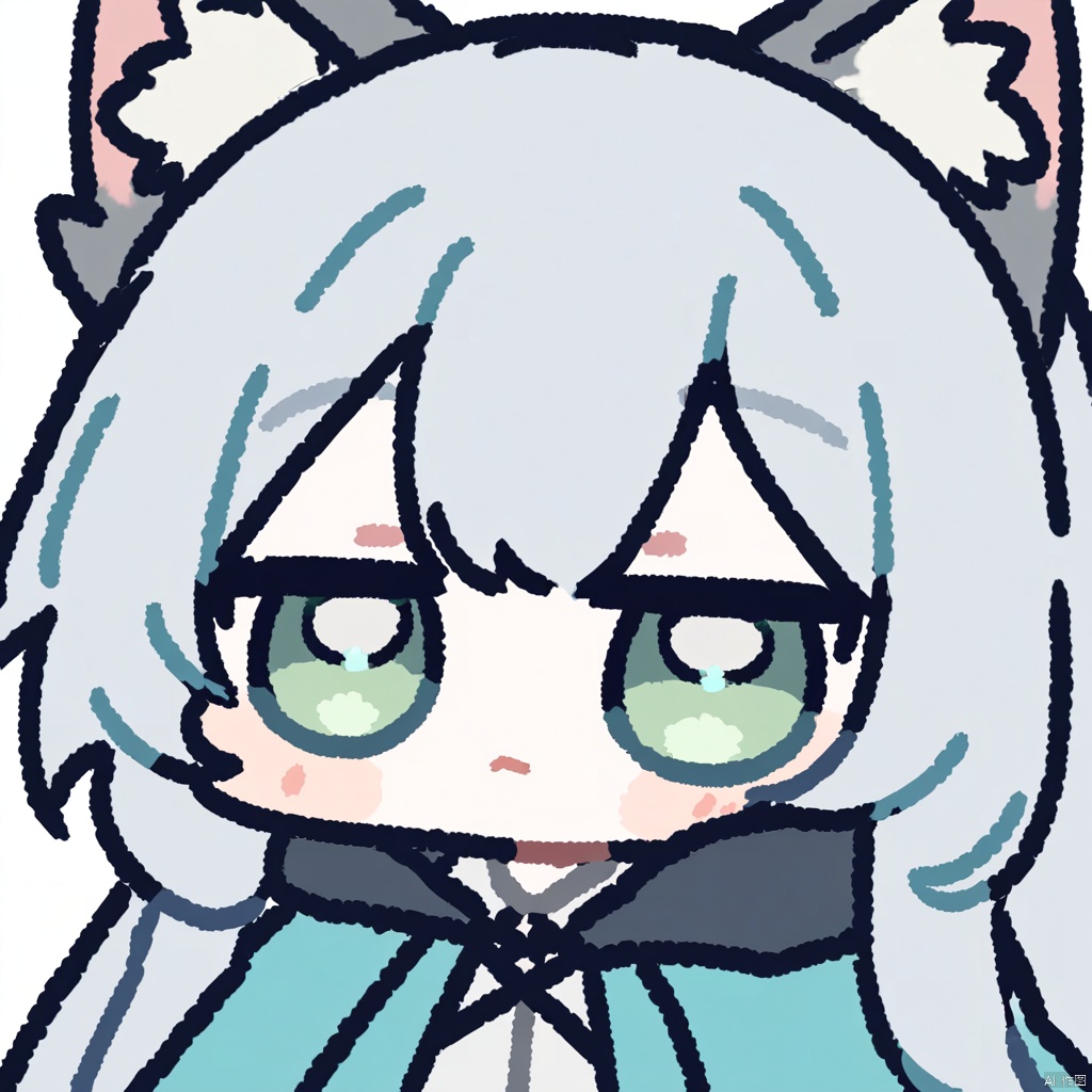 ,chibi,,1girl,rosmontis \(arknights\),arknights,animal ears,cat ears,long hair,green eyes,bangs,animal ear fluff,cat girl,white hair,grey hair
