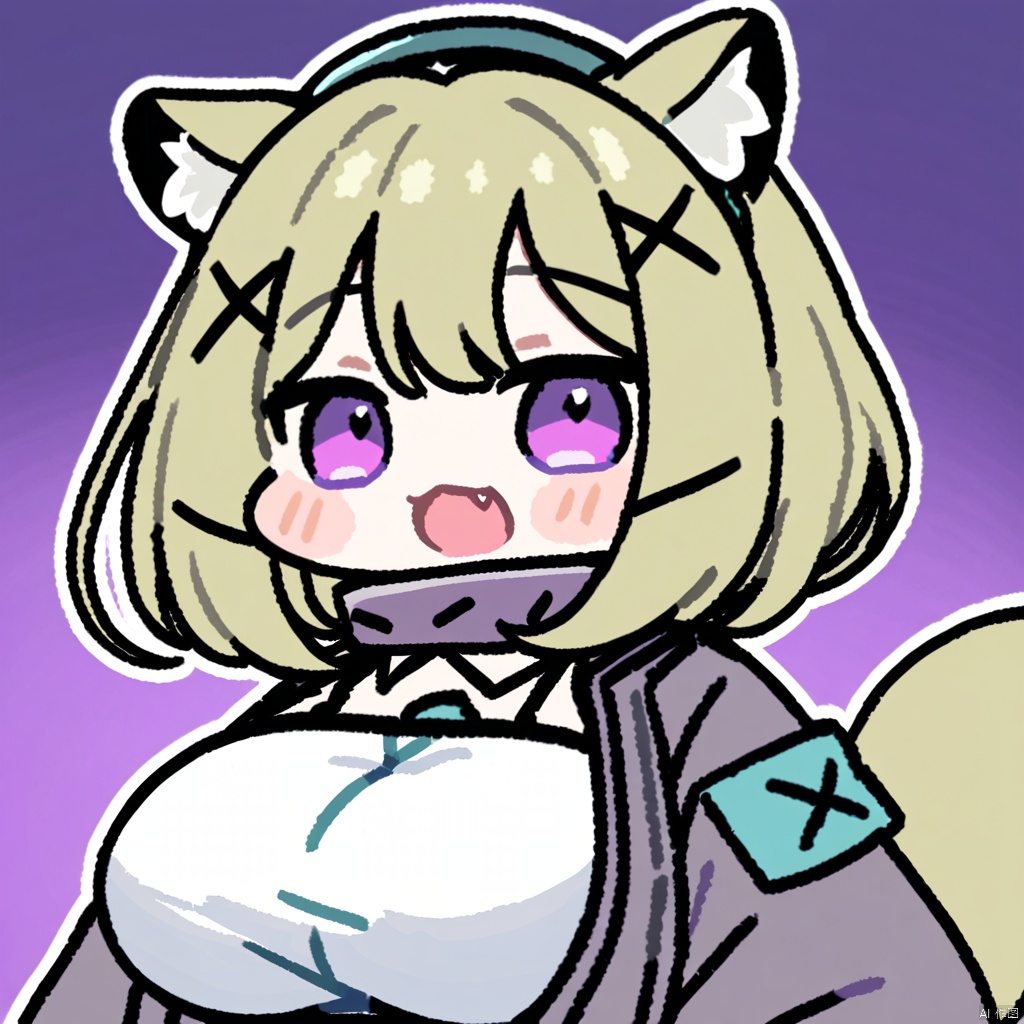 ,chibi,,1girl,utage \(arknights\),arknights,animal ears,animal ear fluff,breasts,purple eyes,bangs,hair ornament,large breasts,hairclip,short hair,tail,hat,blonde hair,x hair ornament,fang

