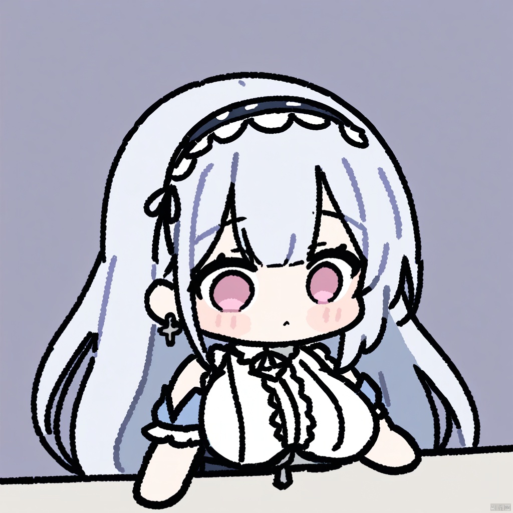 ,chibi,,1girl,dido \(azur lane\),azur lane,breasts,long hair,hairband,large breasts,bangs,black hairband,purple eyes,grey hair,white hair,earrings,pink eyes

