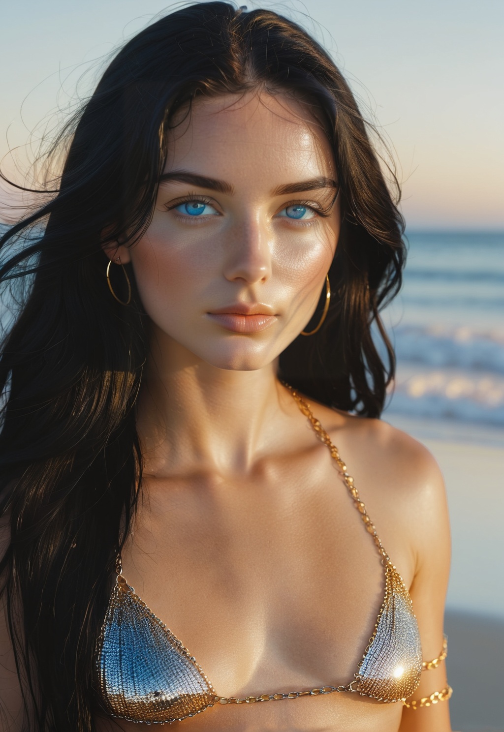 A stunning portrait photograph of a beautiful young woman with long black hair and piercing blue eyes,  standing on a sand...