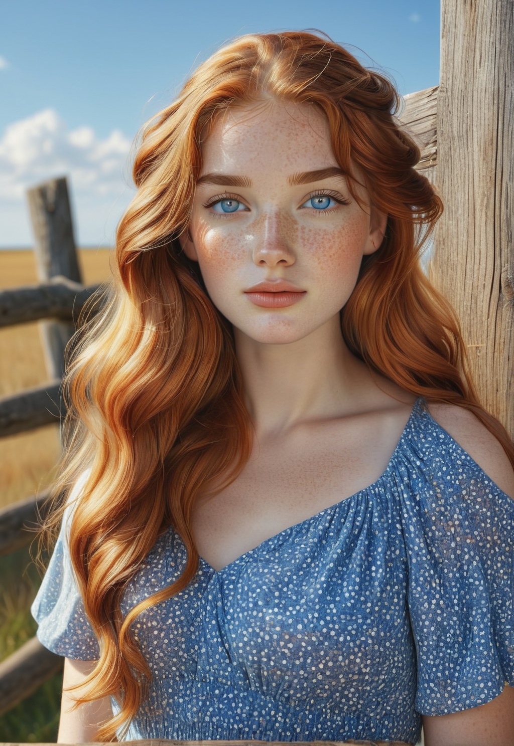 A photorealistic portrait of a beautiful young girl with long,  wavy orange hair,  styled with a loose braid that falls ov...