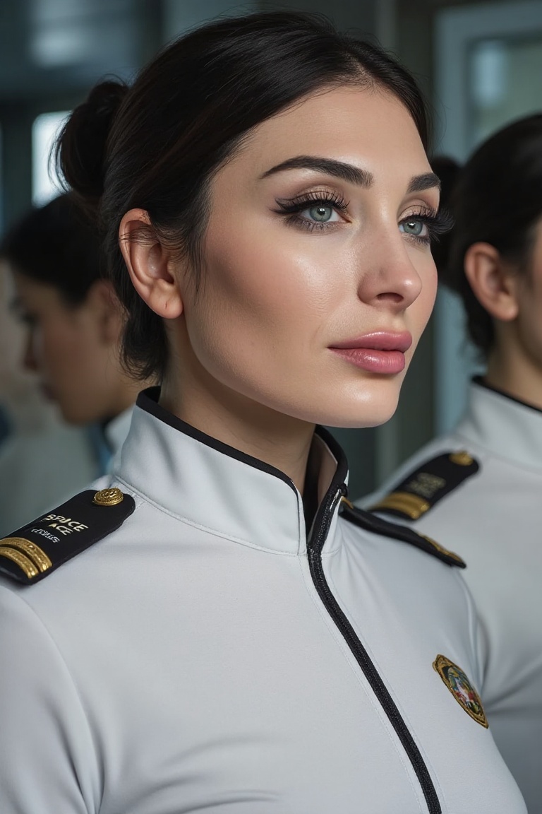 This image is a highly detailed digital rendering featuring a beautiful Laura Loomer in a uniform,  likely inspired by a s...