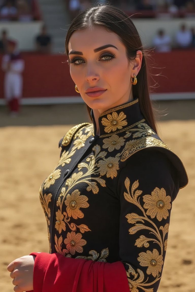 A beautiful Laura Loomer dressed as a matador stands confidently in a bullfighting arena,  her face illuminated by the gol...