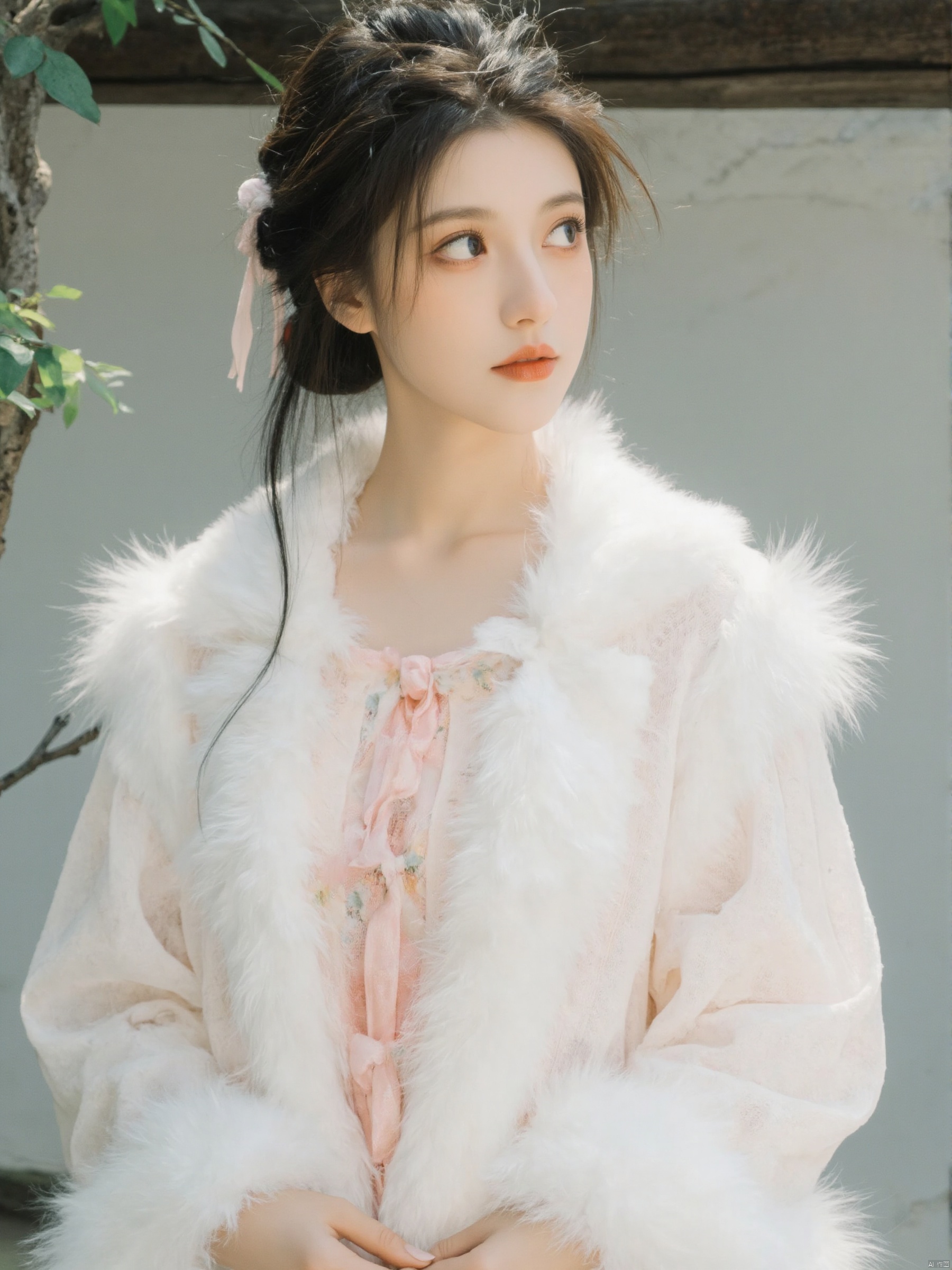 Captured at eye-level, a medium-sized Asian woman with dark brown hair, wearing a white robe adorned with a white fur collar and a white ribbon tied around her neck. She is wearing a pink dress with a floral pattern on it. Her eyes are a piercing blue, and her lips are a deep red. Her hair is pulled back in a ponytail, adding a pop of color to her face. The backdrop is a stark white wall, with a wooden beam at the top of the frame. To the left of the woman is a tree branch with green leaves.