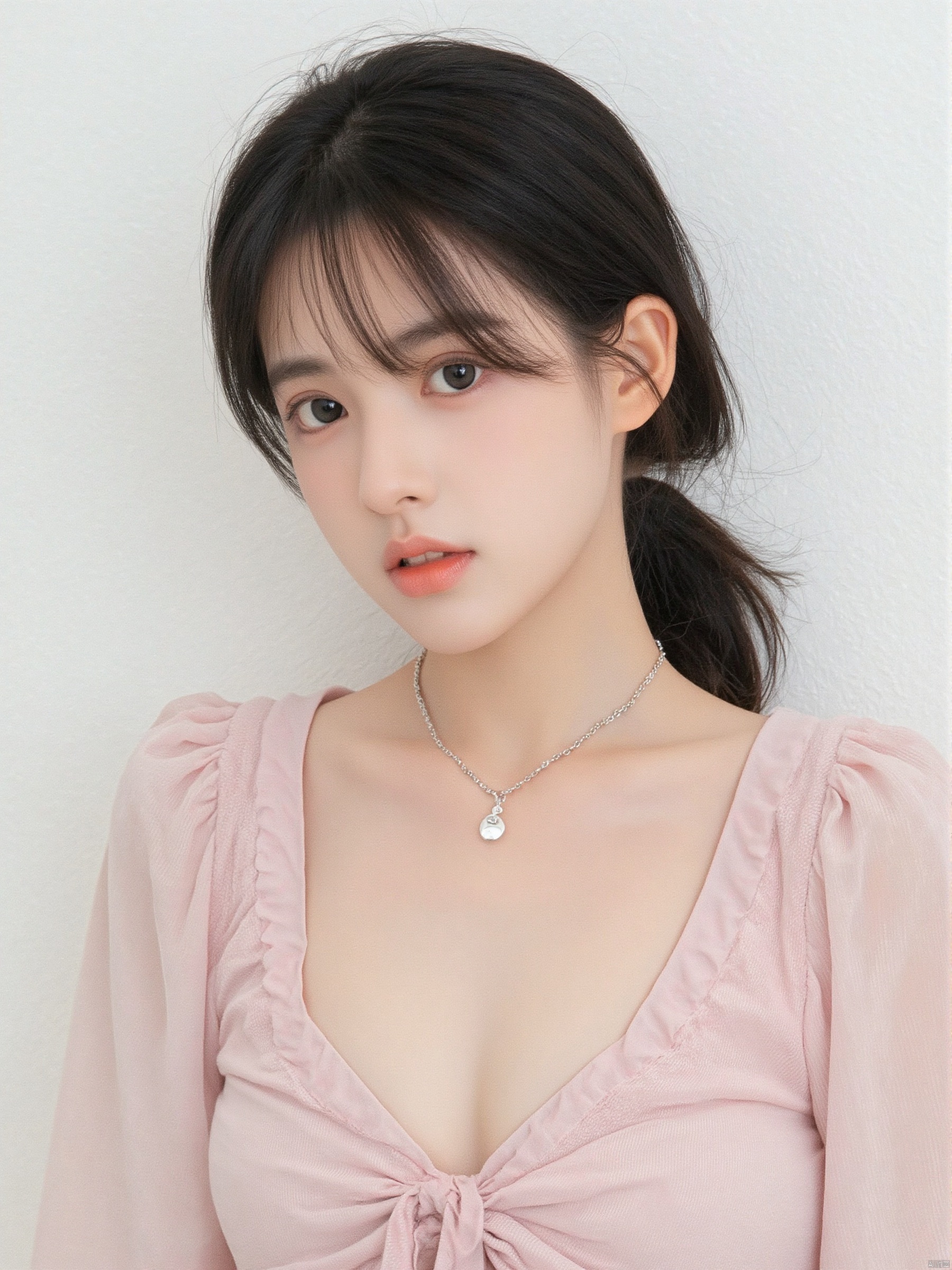 a close-up shot of a young Asian woman with dark brown eyes and a pink dress. Her hair is pulled back in a ponytail, cascading over her shoulders. She is wearing a silver necklace with a silver charm on it, adding a touch of charm to her outfit. The backdrop is a stark white wall, creating a stark contrast to the woman's outfit.