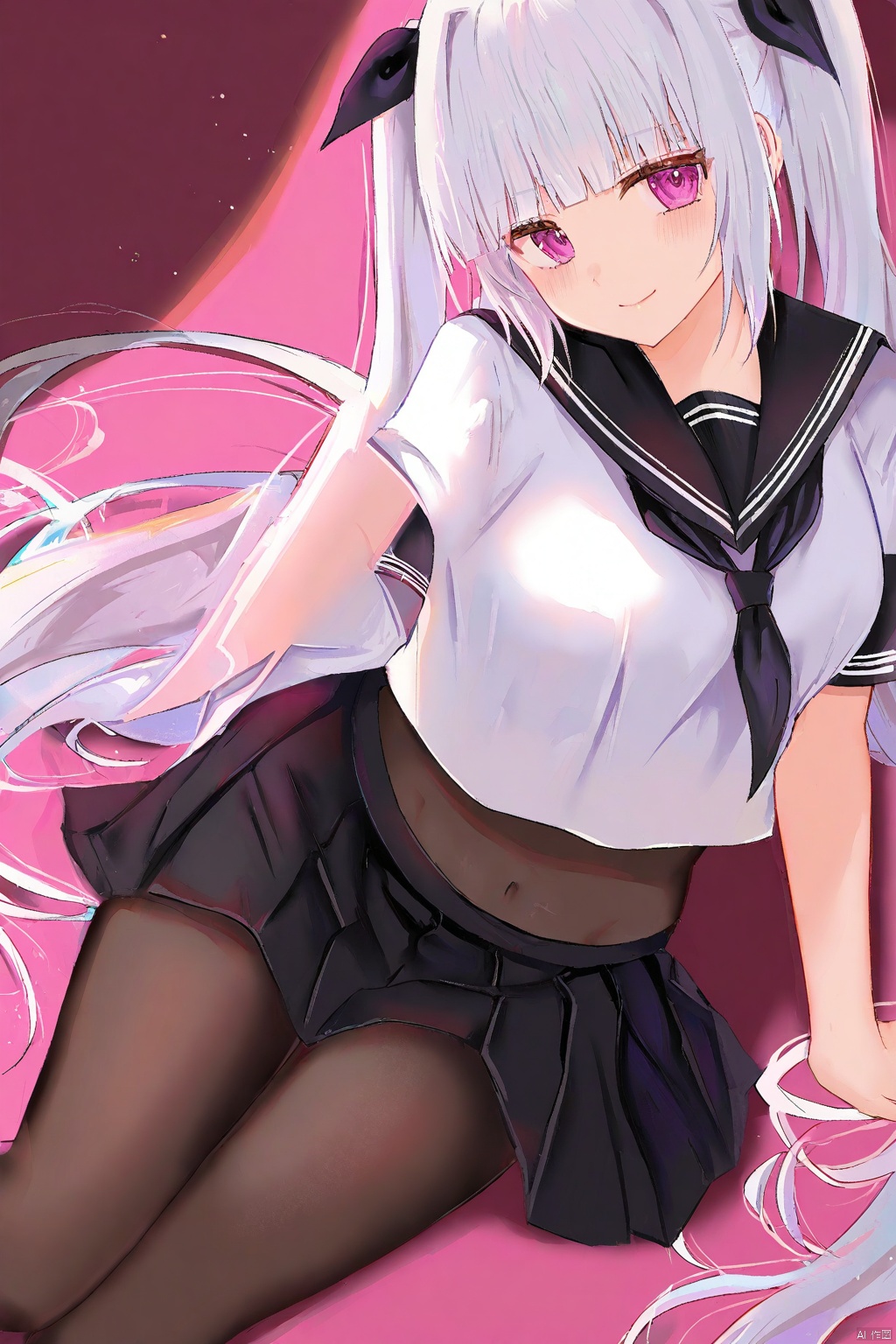 Best-A,(masterpiece),(best quality),best shadow,best light,(colorful),artist_ru_zhai,artist_atdan,artist_tokkyu,artist_kataokasan,artist_mignon,artist_hidzzz_pixiv,artist_rurudo,1girl,large breasts,looking at viewer,very long hair,twintails,skirt,black pantyhose,(bodystocking:1.1),white hair,purple eyes,ribbon,hair ribbon,black ribbon,bodysuit,solo,serafuku,neckerchief,black skirt,short sleeves,smile,pleated skirt,navel,sailor collar,closed mouth,midriff,blunt bangs,black sailor collar,crop top overhang,arm support,miniskirt,cropped shirt,