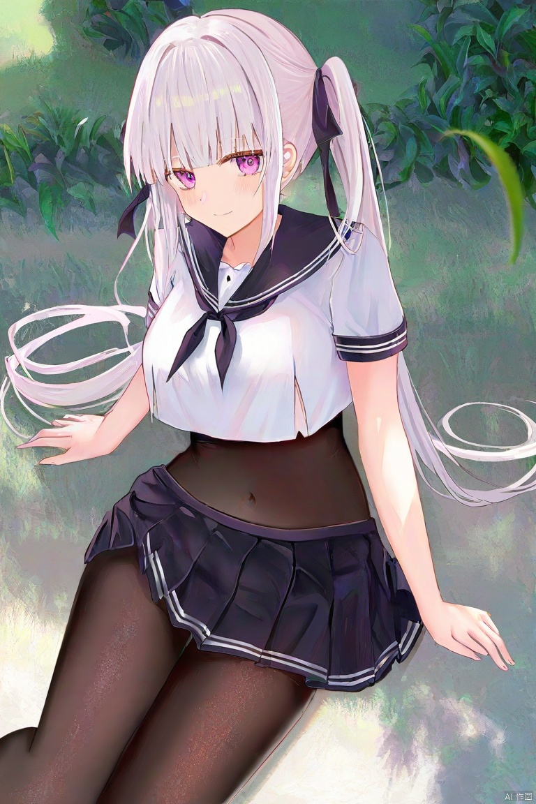Best-A,(masterpiece),(best quality),best shadow,best light,(colorful),artist_ru_zhai,artist_atdan,artist_tokkyu,artist_kataokasan,artist_mignon,artist_hidzzz_pixiv,artist_rurudo,1girl,large breasts,looking at viewer,very long hair,twintails,skirt,black pantyhose,(bodystocking:1.1),white hair,purple eyes,ribbon,hair ribbon,black ribbon,bodysuit,solo,serafuku,neckerchief,black skirt,short sleeves,smile,pleated skirt,navel,sailor collar,closed mouth,midriff,blunt bangs,black sailor collar,crop top overhang,arm support,miniskirt,cropped shirt,