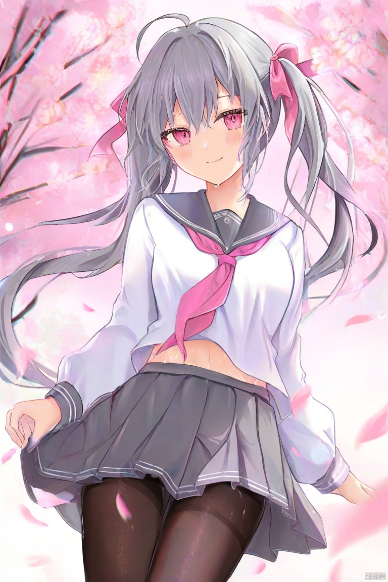Best-A,(masterpiece),(best quality),best shadow,best light,(colorful),artist_ru_zhai,artist_atdan,artist_tokkyu,artist_kataokasan,artist_mignon,artist_hidzzz_pixiv,artist_rurudo,artist_houkisei,(artist_omone_hokoma_agm:0.2),outdoors,1girl,solo,long hair,hair between eyes,twintails,ahoge,(grey hair:1.1),pink eyes,navel,closed mouth,standing,blush,smile,arms_at_sides,looking at viewer,grey sailor collar,pink neckerchief,puffy long sleeves,white serafuku,sailor shirt,midriff,wind lift,pleated skirt,miniskirt,grey skirt,kneehighs,pink ribbon,hair ribbon,zettai ryouiki,midriff peek,cherry blossoms,petals,falling petals,black pantyhose,(wet pantyhose:1.6),(shiny skin:1.6),(shiny:1.6) skin with (Ivory_white_color:1.5)by (Oil highlights)(wet with oil:0.8),