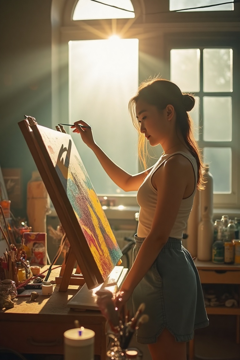 A vibrant,  cinematic shot of an Asian girl in her home art studio,  standing by an easel with paintbrush in hand. Sunligh...