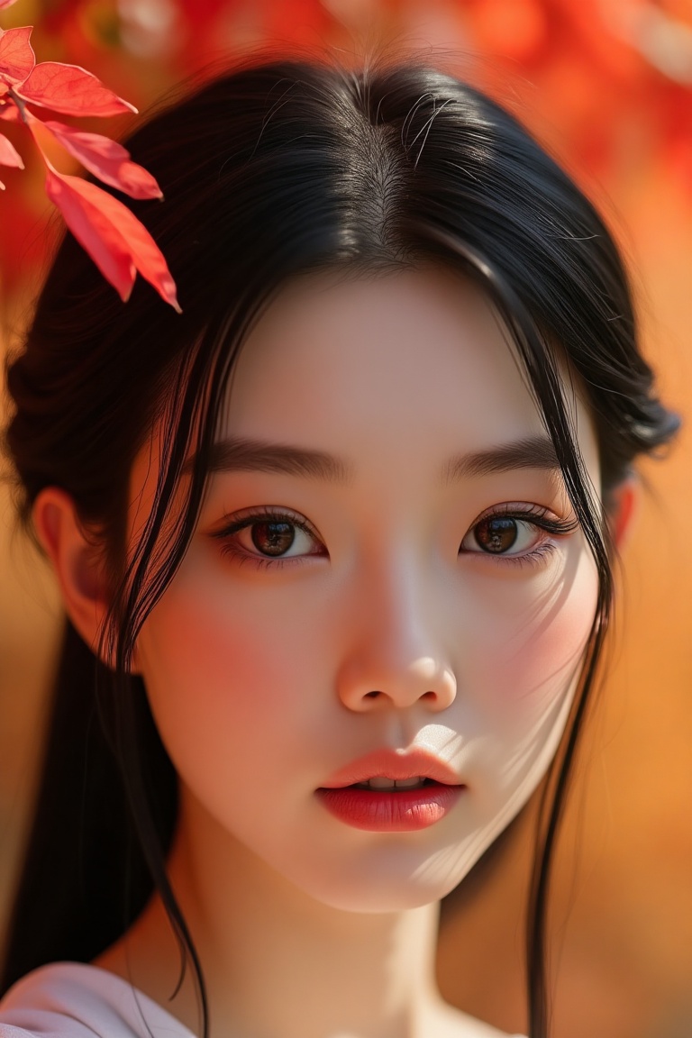 A close-up portrait of a stunning Asian girl with flawless porcelain skin,  her cheeks slightly flushed from the cool autu...