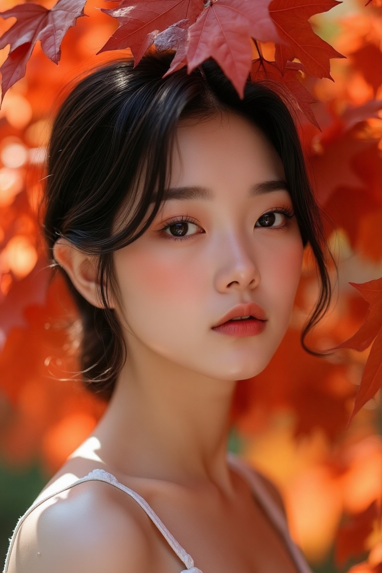 A close-up portrait of a stunning Asian girl with flawless porcelain skin,  her cheeks slightly flushed from the cool autu...