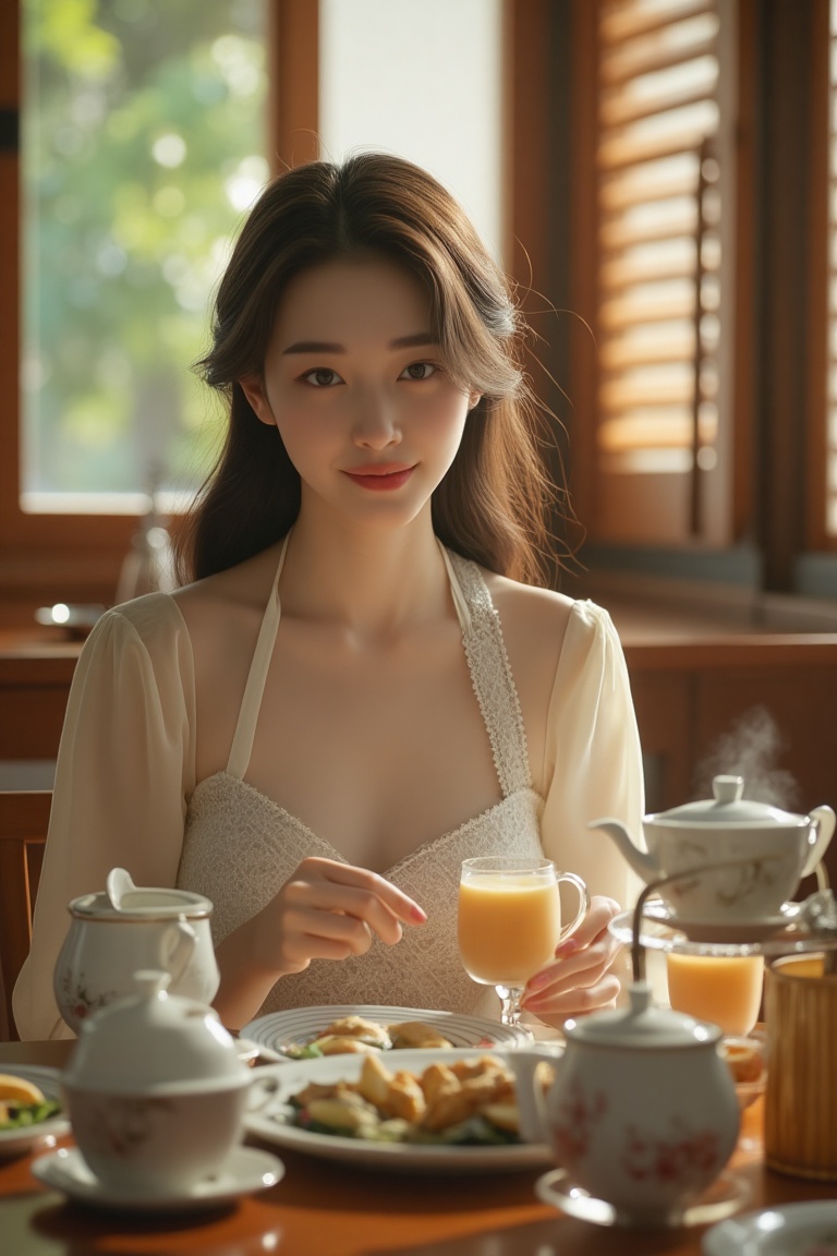 A hyper-realistic shot of an Asian girl sitting at a wooden dining table in a beautifully lit dining room,  enjoying after...