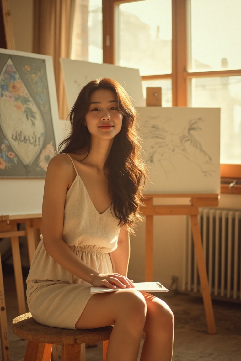 A soft and artistic portrait of a beautiful Asian woman sitting in a bright,  airy art studio,  bathed in golden afternoon...