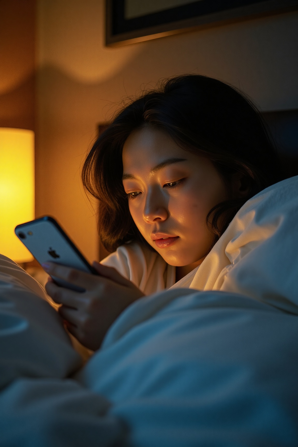 A detailed portrait of an Asian girl lying in bed,  illuminated by the soft glow of a bedside lamp. The cinematic camera c...