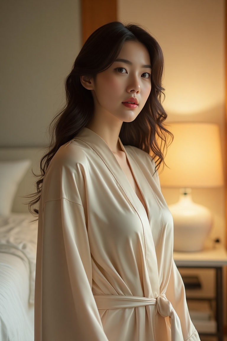 A hyper-detailed full-body shot of an Asian girl standing in her elegantly decorated bedroom,  wearing a silky robe. The c...