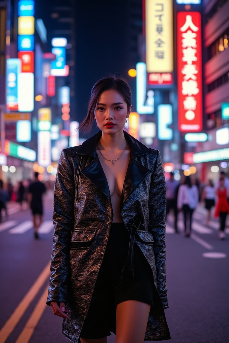 A high-energy,  dynamic fashion shot of a striking Asian woman standing in the middle of a bustling city street at night....