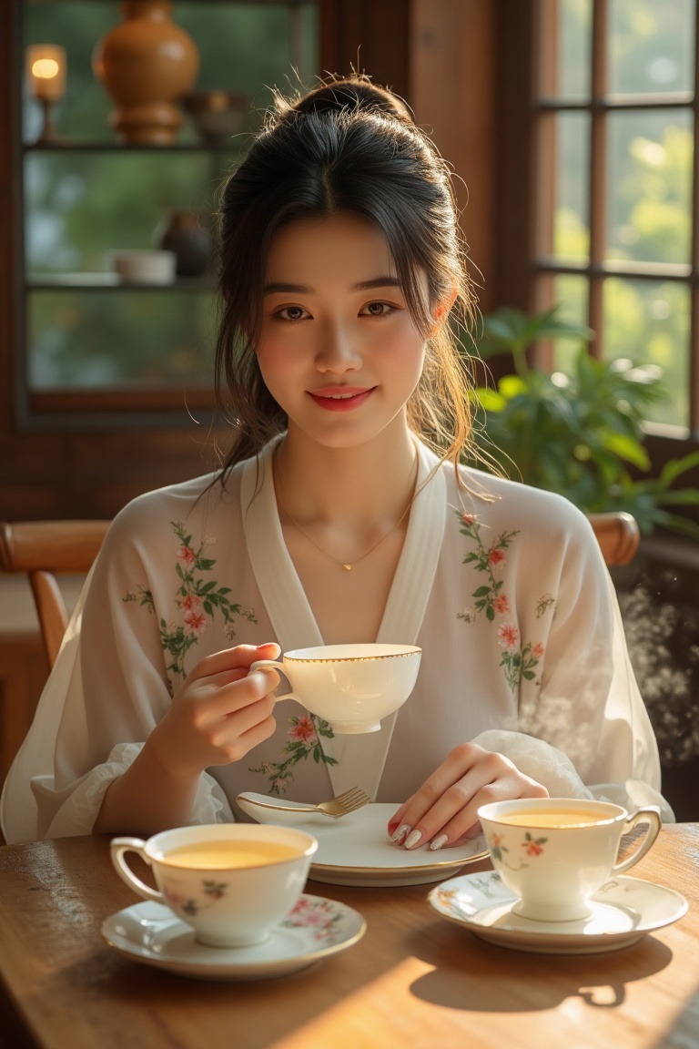 A hyper-realistic shot of an Asian girl sitting at a wooden dining table in a beautifully lit dining room,  enjoying after...