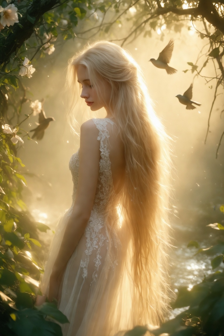 A serene composition captures a stunning young woman,  her long blonde locks cascading down her back like a river of gold....
