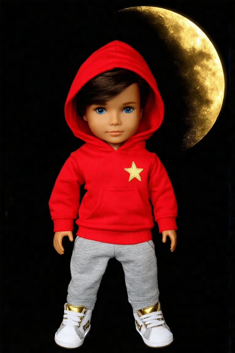 a medium-sized doll stands in front of a dark backdrop,  adorned with a golden circle with a star in the center. The doll'...
