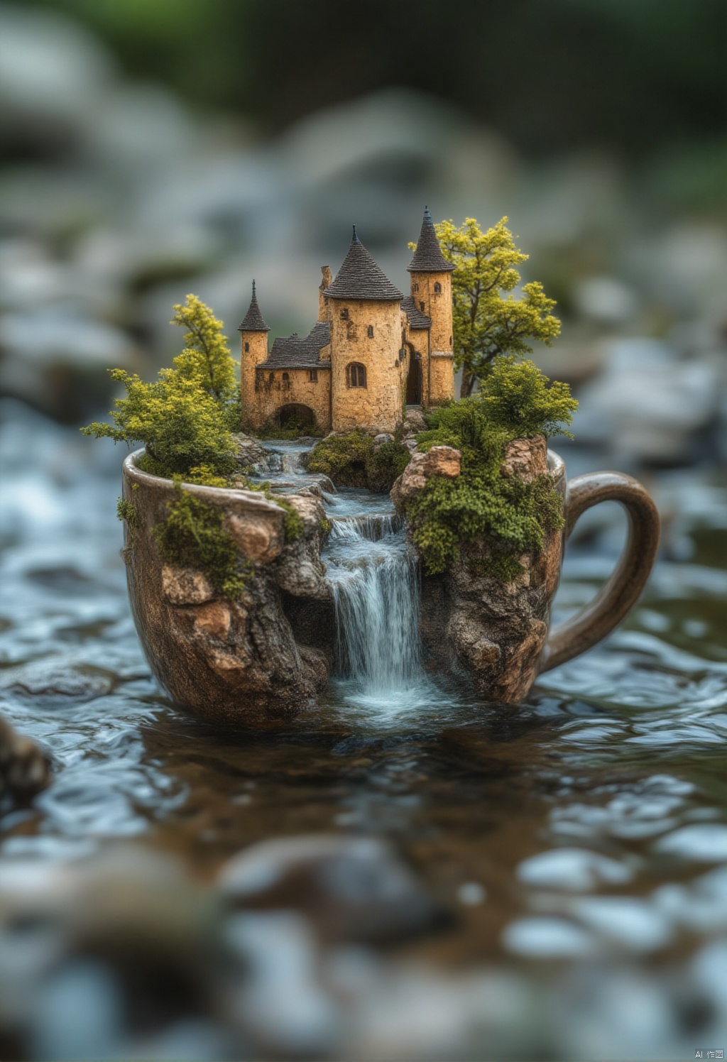 The world in the cup,Captured at eye-level,a small ceramic mug is placed in a body of water. The mug is adorned with a small waterfall