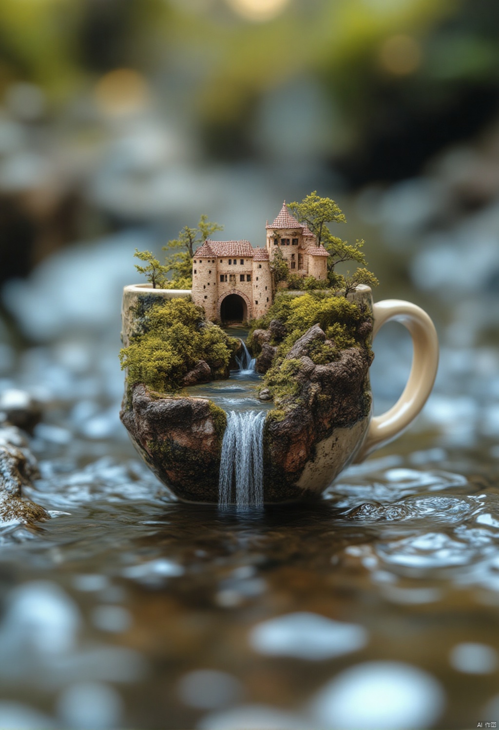 The world in the cup,Captured at eye-level,a small ceramic mug is placed in a body of water. The mug is adorned with a small waterfall
