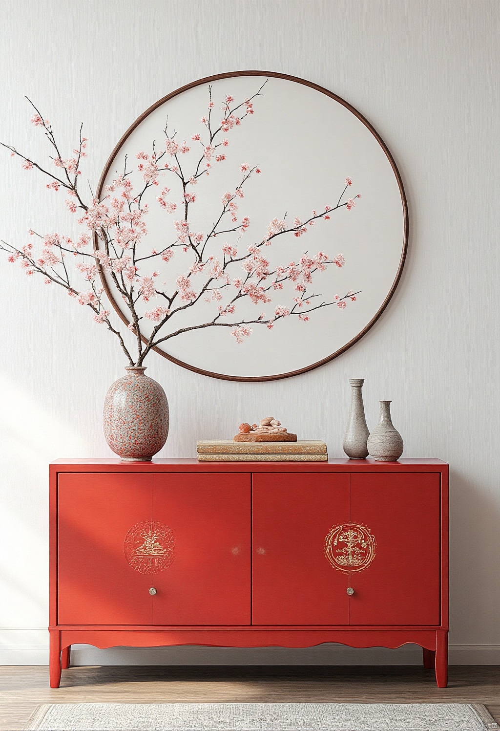 Chinese Booth,a vibrant red cabinet stands against a stark white wall. The cabinet is adorned with a cherry blossom tree branch,adding a pop of color to the otherwise monochromatic scene. The vase,adorned with delicate flowers