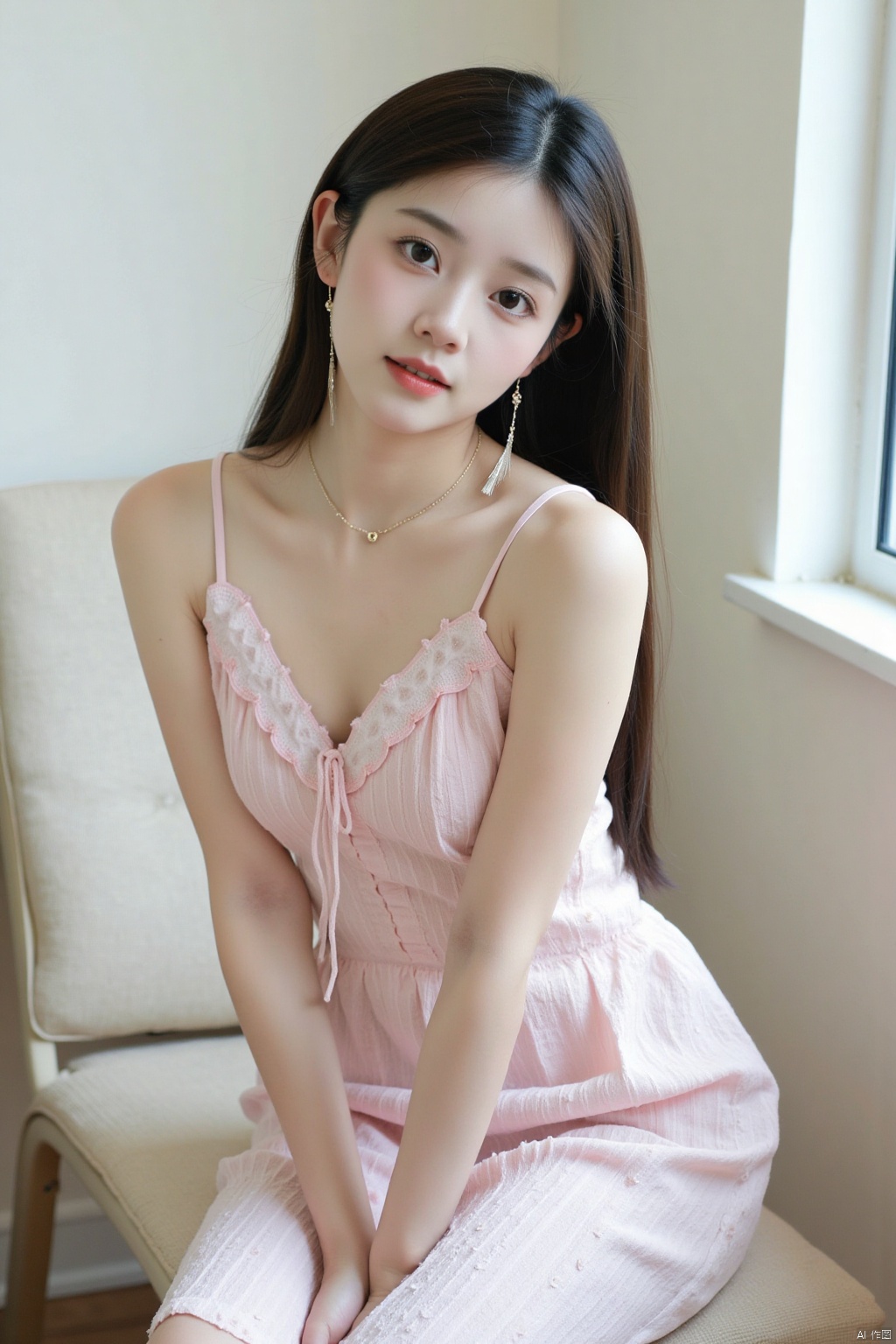 1girl, solo, long hair, breasts, looking at viewer, black hair, dress, cleavage, bare shoulders, brown eyes, jewelry, medium breasts, sitting, earrings, necklace, lips, head tilt, window, chair, realistic