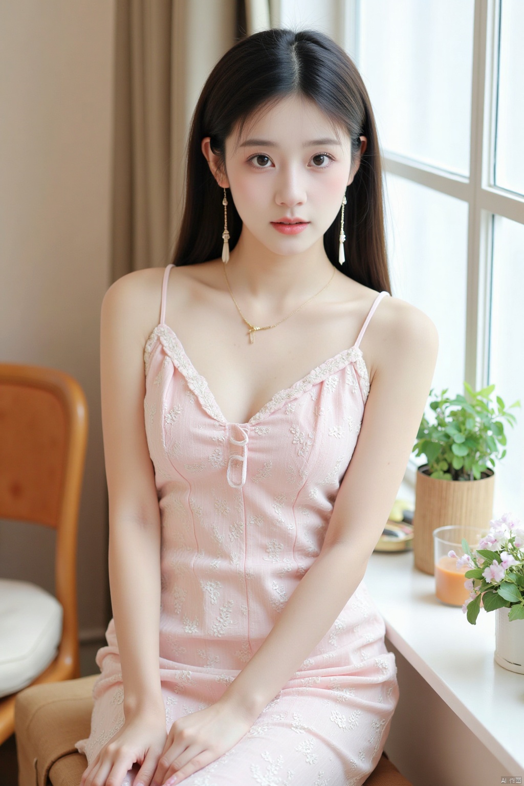 1girl, solo, long hair, breasts, looking at viewer, black hair, dress, cleavage, bare shoulders, brown eyes, jewelry, medium breasts, sitting, earrings, necklace, lips, head tilt, window, chair, realistic