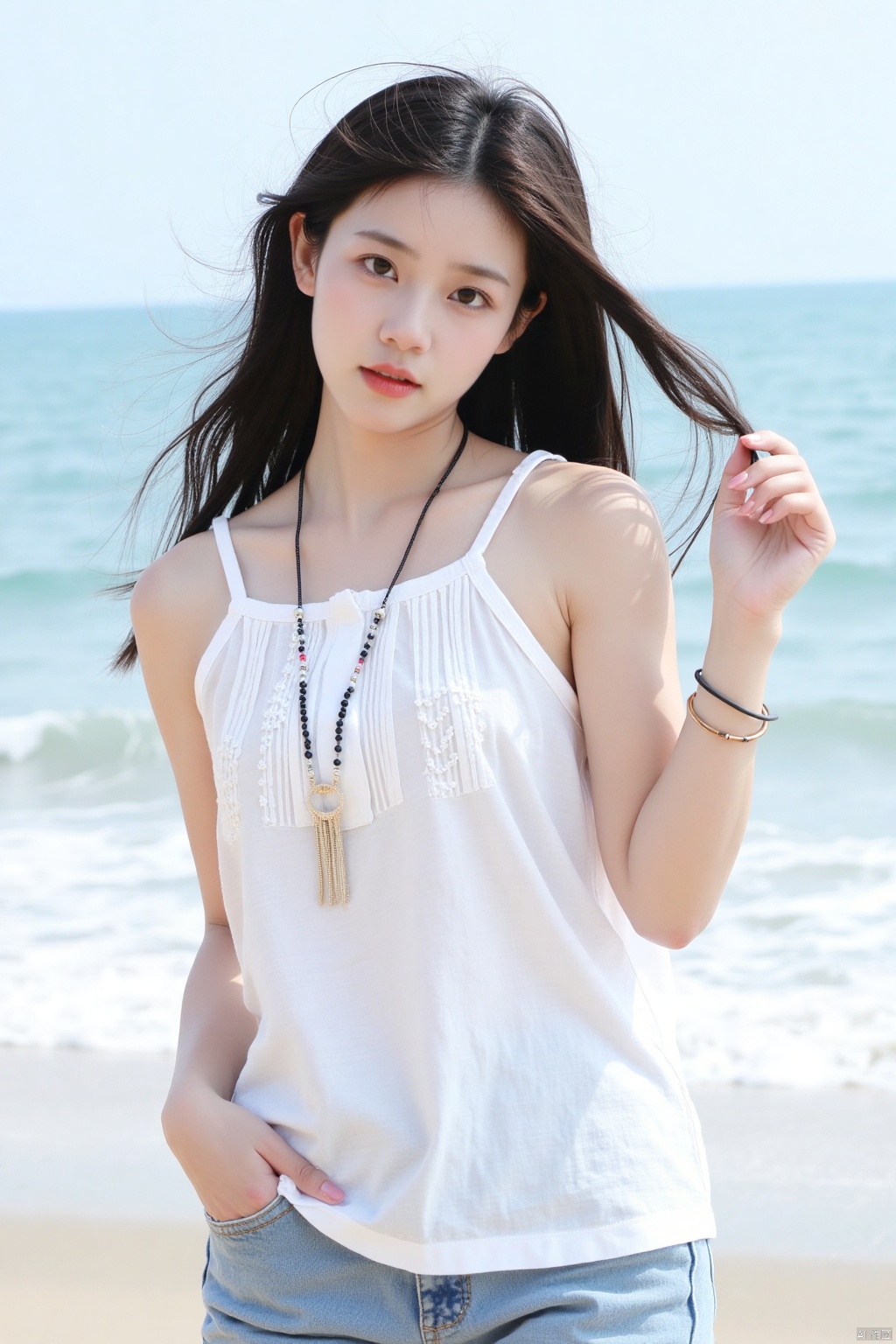 masterpiece, best quality,1girl, solo, long hair, looking at viewer, shirt, black hair, bare shoulders, brown eyes, jewelry, closed mouth, white shirt, outdoors, sleeveless, day, pants, water, necklace, bracelet, lips, head tilt, sleeveless shirt, ocean, beach, denim, jeans, realistic, leaning to the side