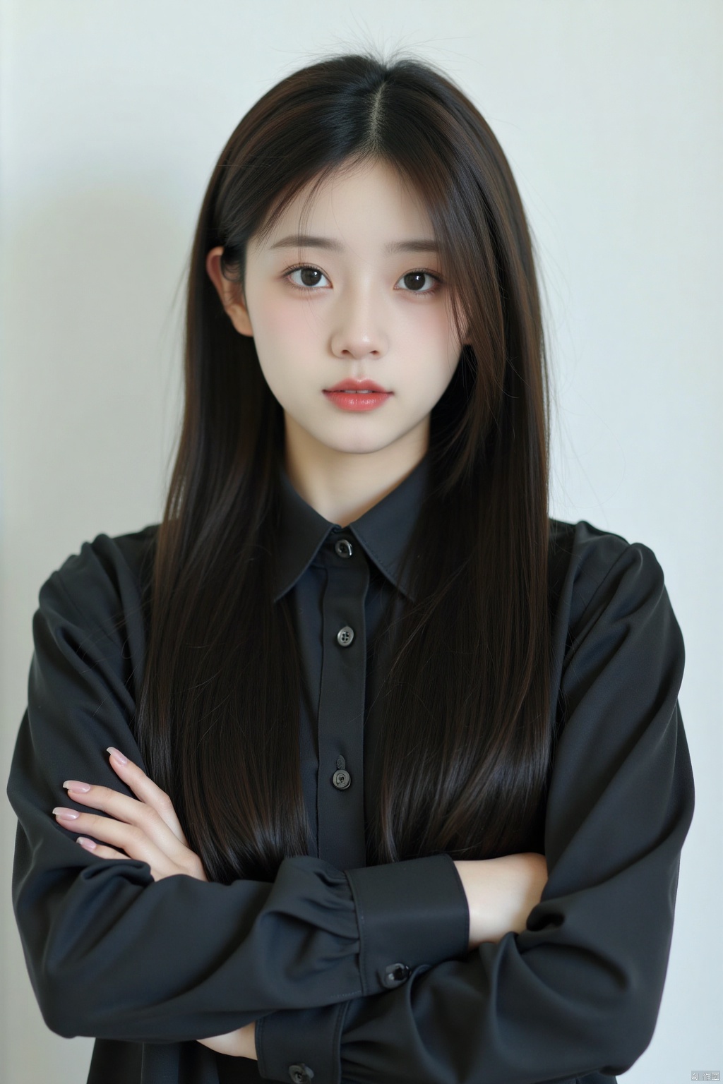 1girl black hair crossed arms lips long hair long sleeves looking at viewer nose realistic shirt solo upper body,<lora:models/2376/ba517f3c-14.safetensors:0.8:0.8>