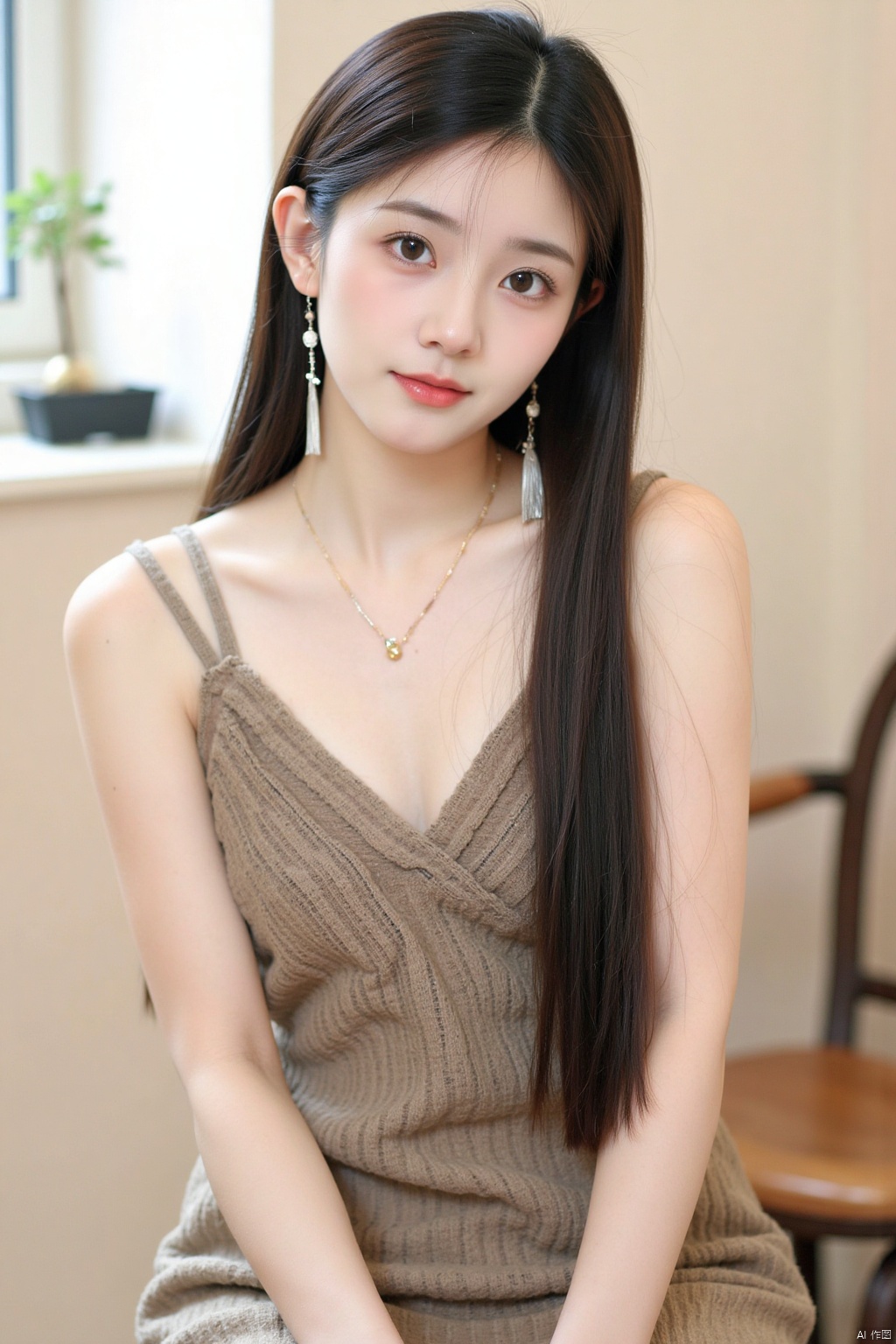 1girl, solo, long hair, breasts, looking at viewer, black hair, dress, cleavage, bare shoulders, brown eyes, jewelry, medium breasts, sitting, earrings, necklace, lips, head tilt, window, chair, realistic