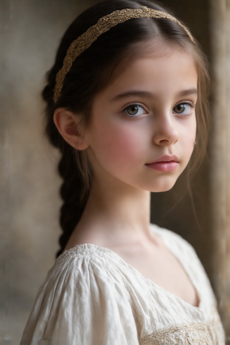 A Byzantine masterpiece of unparalleled quality,  featuring a stunning portrait of a young girl with exquisite details and...