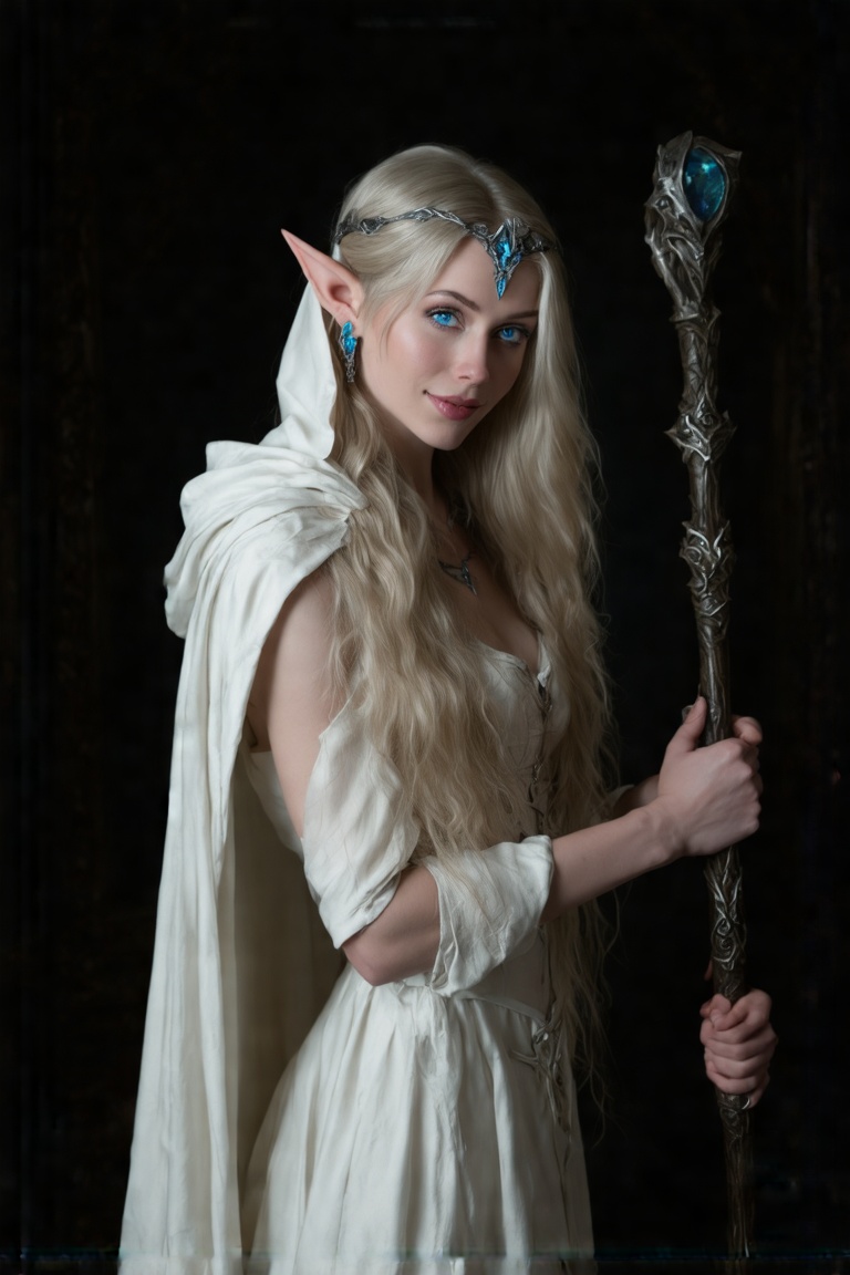 Mysterious Elf Maiden - A sultry pinup-inspired artwork depicts a striking blonde-elf woman solo,  indoors,  with long hai...