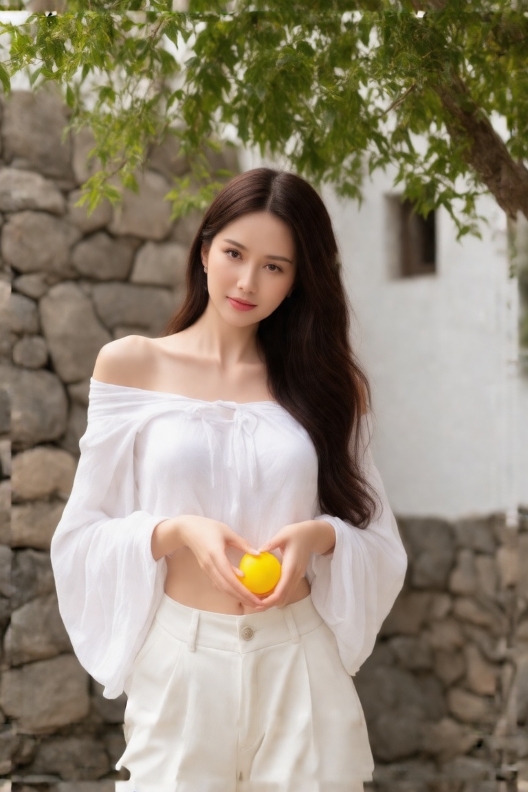 a woman with long dark brown hair,  wearing a white off-the-shoulder,  long-sleeved shirt and a pair of white pants on Ten...