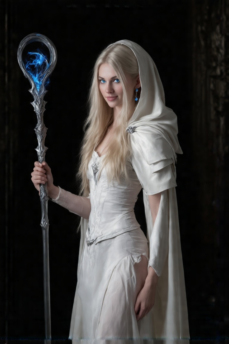 Mysterious Elf Maiden - A sultry pinup-inspired artwork depicts a striking blonde-elf woman solo,  indoors,  with long hai...