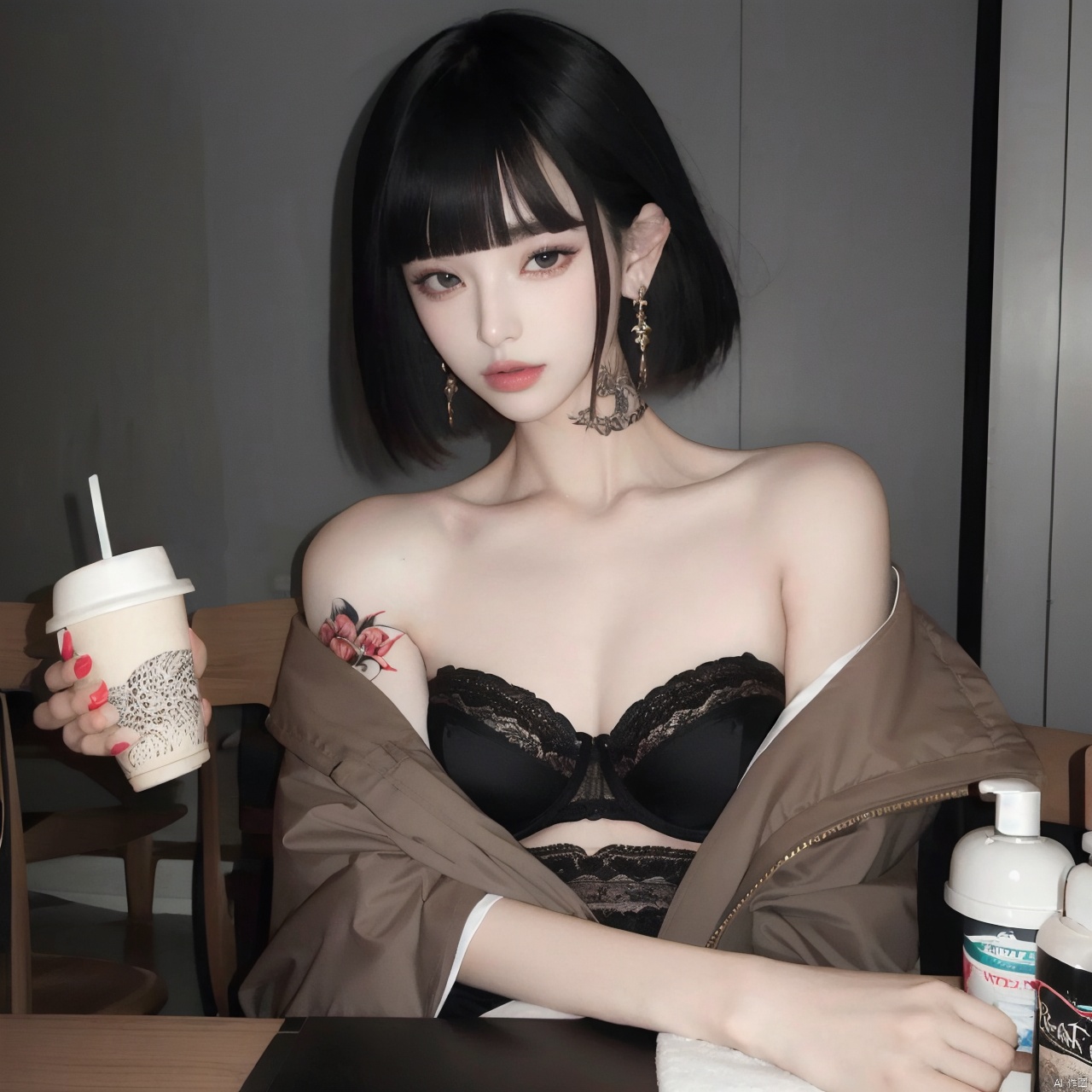  1girl, solo, looking at viewer, short hair, bangs, black hair, jewelry, sitting, jacket, upper body, earrings, blunt bangs, cup, lips, Bra, small amount of dress lace, grey eyes, strapless, tattoo, chair, table, bandeau, tube top, arm tattoo, A girl with a tattoo on her right should,clean background, Light master