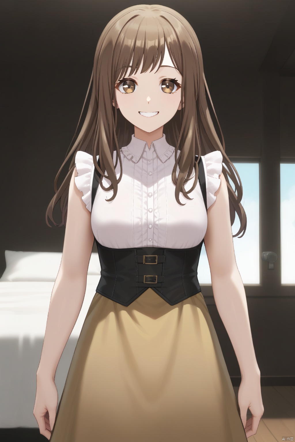 mana,1girl, long hair, smile, brown hair,bangs,brown eyes