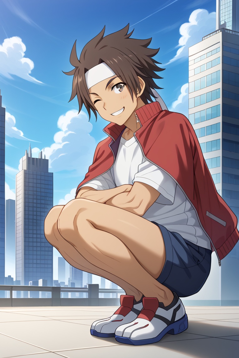 anime male squatting on top of a skyscraper looking at the horizon,  looking away from viewer,  Expressiveh on Tensor.Art