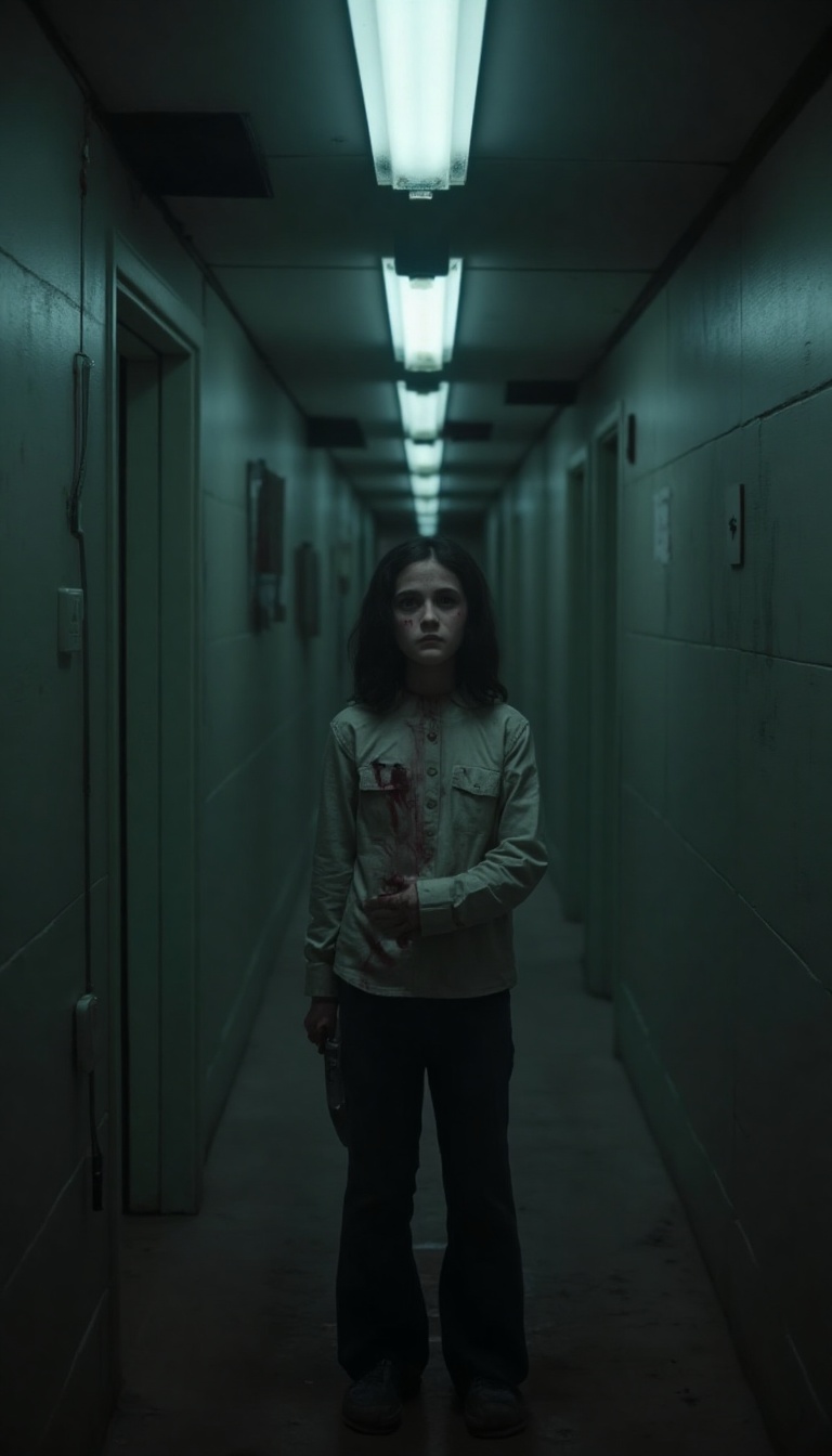 Esther Orphan: A haunting shot of a young woman,  Esther,  stands alone in a dimly lit corridor. Her eyes are wide with fe...