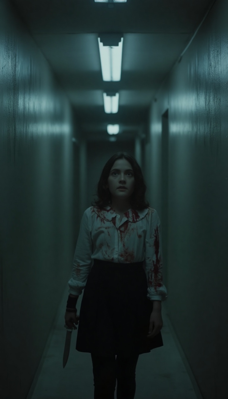 Esther Orphan: A haunting shot of a young woman,  Esther,  stands alone in a dimly lit corridor. Her eyes are wide with fe...