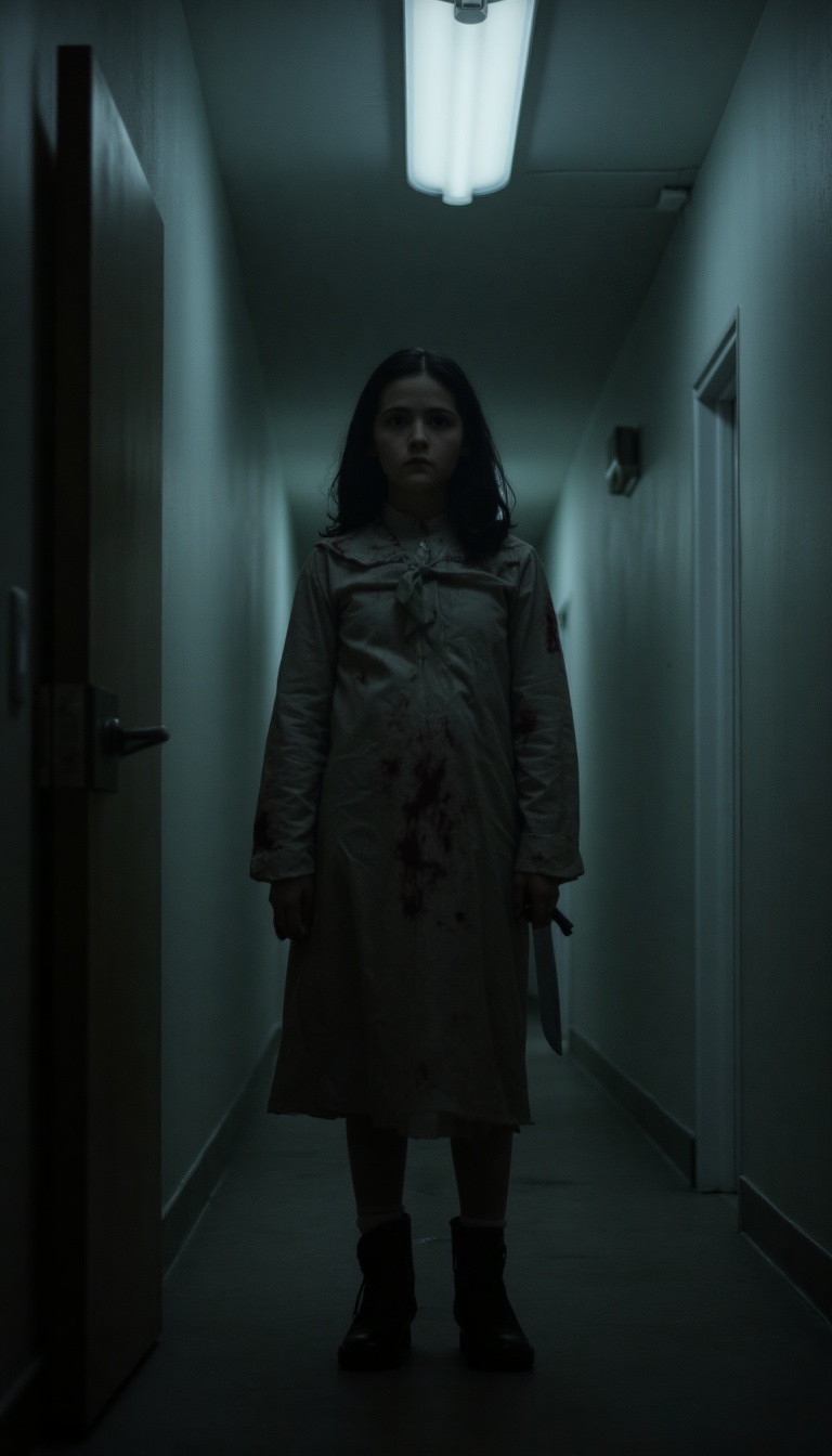 Esther Orphan: A haunting shot of a young woman,  Esther,  stands alone in a dimly lit corridor. Her eyes are wide with fe...