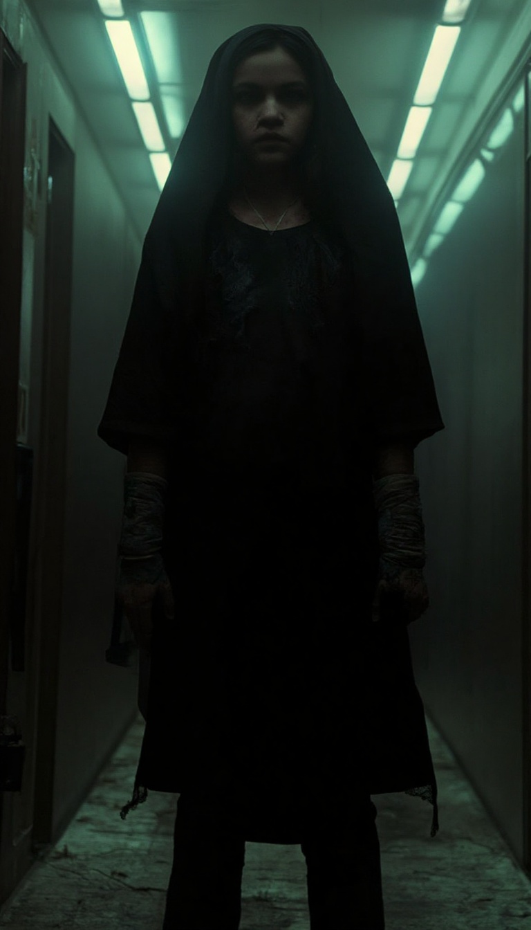 Esther Orphan: A chilling shot of Esther,  dressed in a flowing black veil and cross necklace,  stands bravely in the diml...