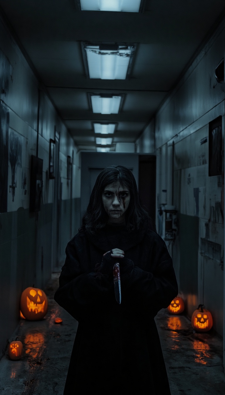 Esther Orphan: A haunting shot of Esther,  veiled and cross-adorned,  stands defiantly in a dimly lit corridor on Tensor.Art