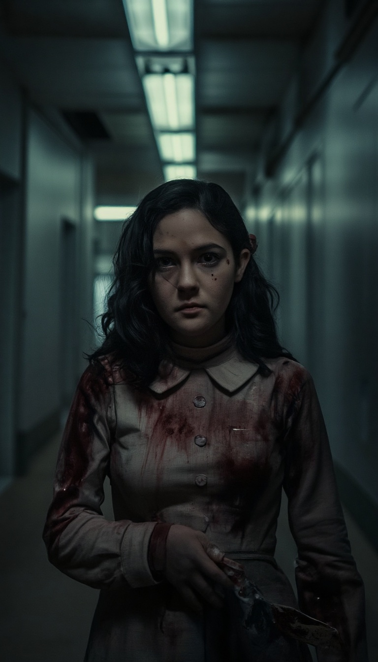 Esther Orphan: A haunting shot of a young woman,  Esther,  stands alone in a dimly lit corridor. Her eyes are wide with fe...