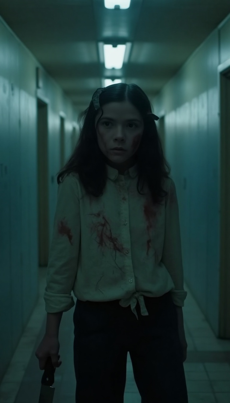 Esther Orphan: A haunting shot of a young woman,  Esther,  stands alone in a dimly lit corridor. Her eyes are wide with fe...