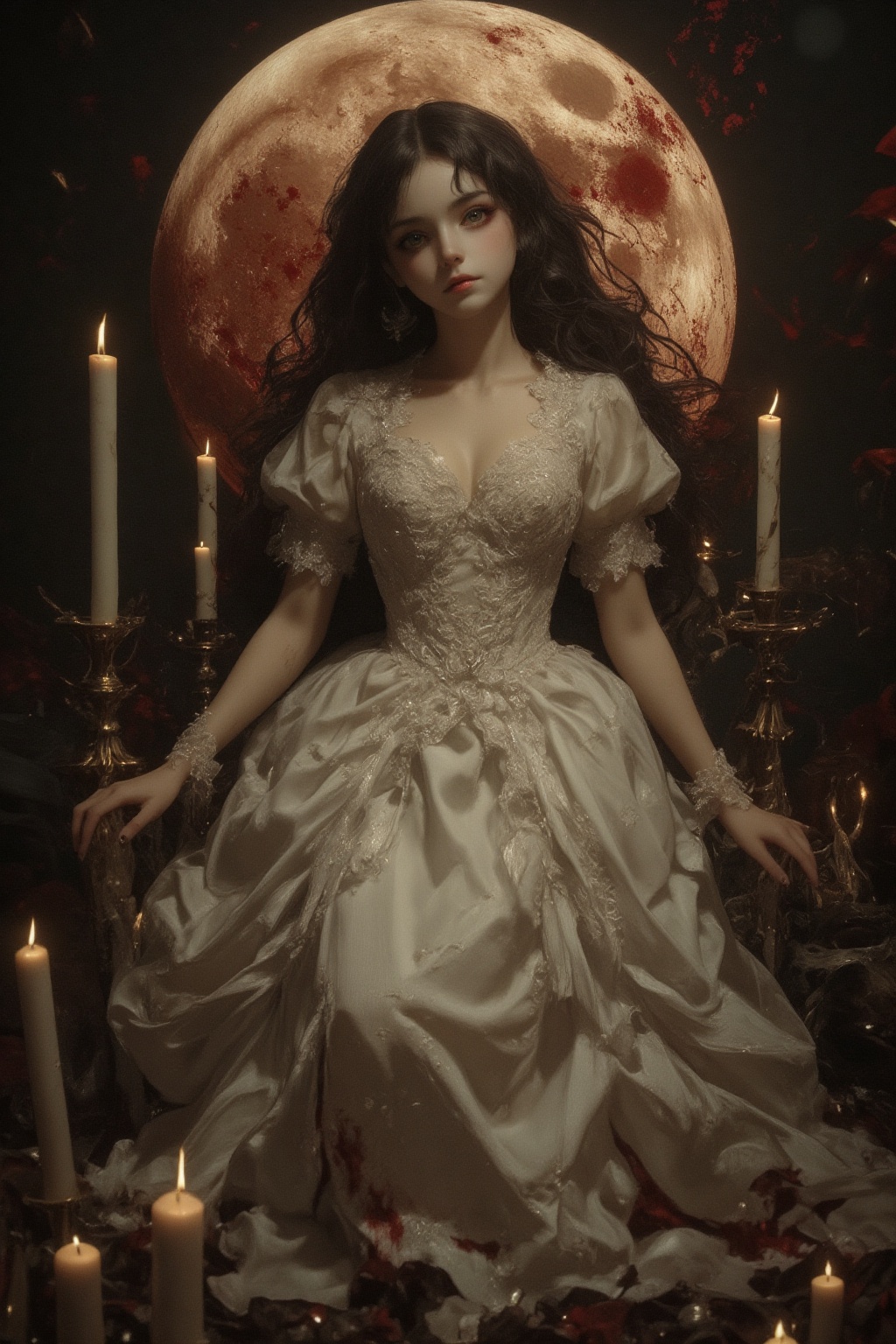 1girl,  haunted doll wearing a white dress,  white candles everywhere on Tensor.Art
