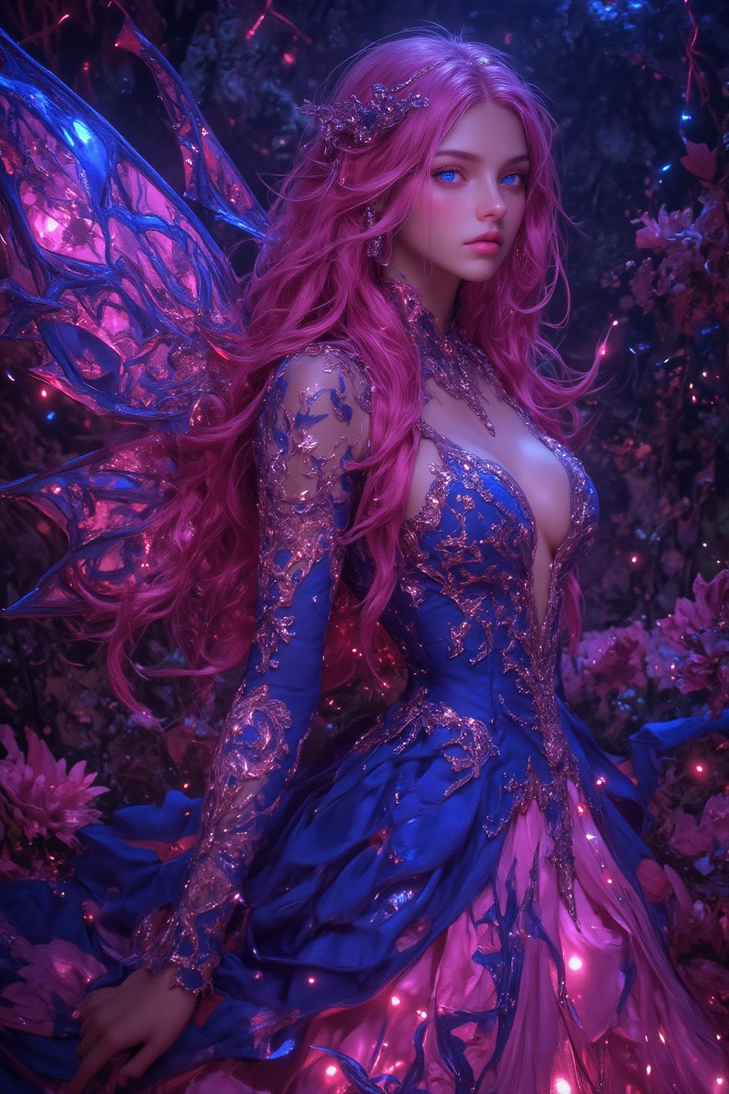 1girl,  a stunning fairy with an electric blue and neon pink theme. Her long,  flowing hair on Tensor.Art