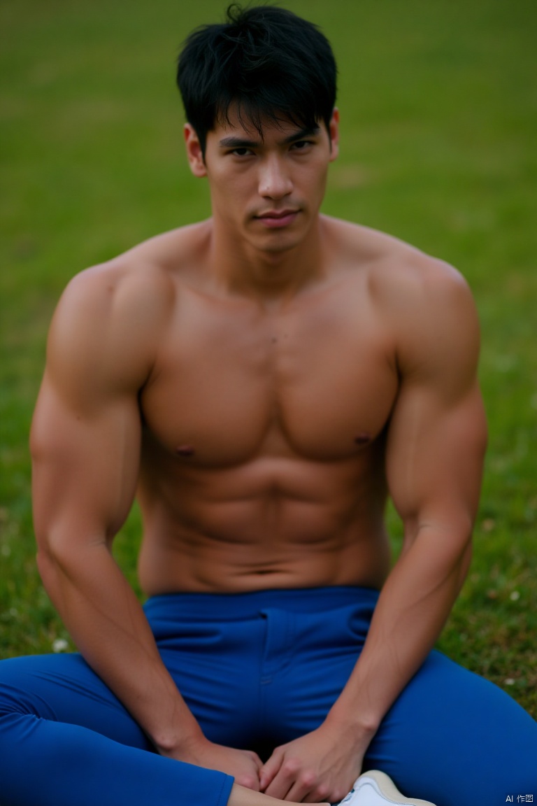 Muscular male artist [artist name],  a young man with short black hair and piercing gaze,  sits confidently on the grassy...