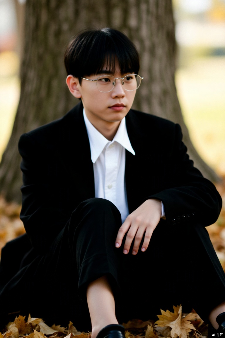 A young teenager, solo and focused on the viewer, sits with a quiet intensity. Short hair and bangs frame his face, while a white collared shirt and black jacket provide a striking contrast. Black pants and black footwear are a testament to his bold style. Autumn leaves surround him, with a single tree looming in the background. He wears glasses perched on his nose, and his knee is slightly upturned as he sits in contemplation.